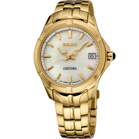 A gold-toned SEIKO COUTURA SUR588 watch with a white mother-of-pearl dial, gold applied indices, and a stainless steel bracelet.