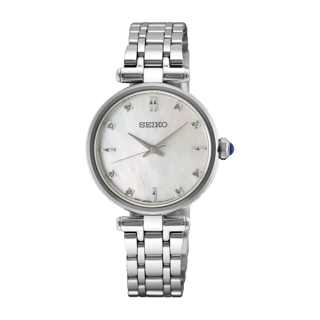 Seiko Diamonds HGK005 quartz watch with mother-of-pearl dial, diamond accents, 29mm stainless steel case, sapphire crystal, three-fold push-button clasp, Caliber 6N01 movement, and 5 bar water resistance.