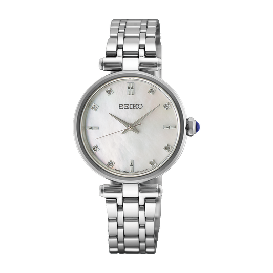 Seiko Diamonds HGK005 quartz watch with mother-of-pearl dial, diamond accents, 29mm stainless steel case, sapphire crystal, three-fold push-button clasp, Caliber 6N01 movement, and 5 bar water resistance.
