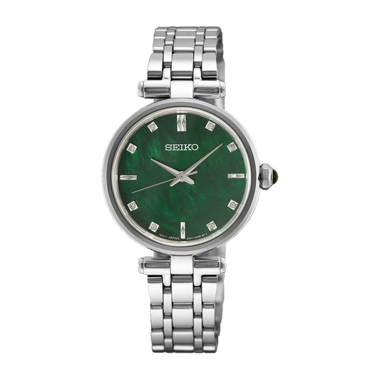 Seiko Diamonds HGK006 quartz watch with mother-of-pearl dial, diamond accents, 29mm stainless steel case, sapphire crystal, three-fold push-button clasp, Caliber 6N01 movement, and 5 bar water resistance.