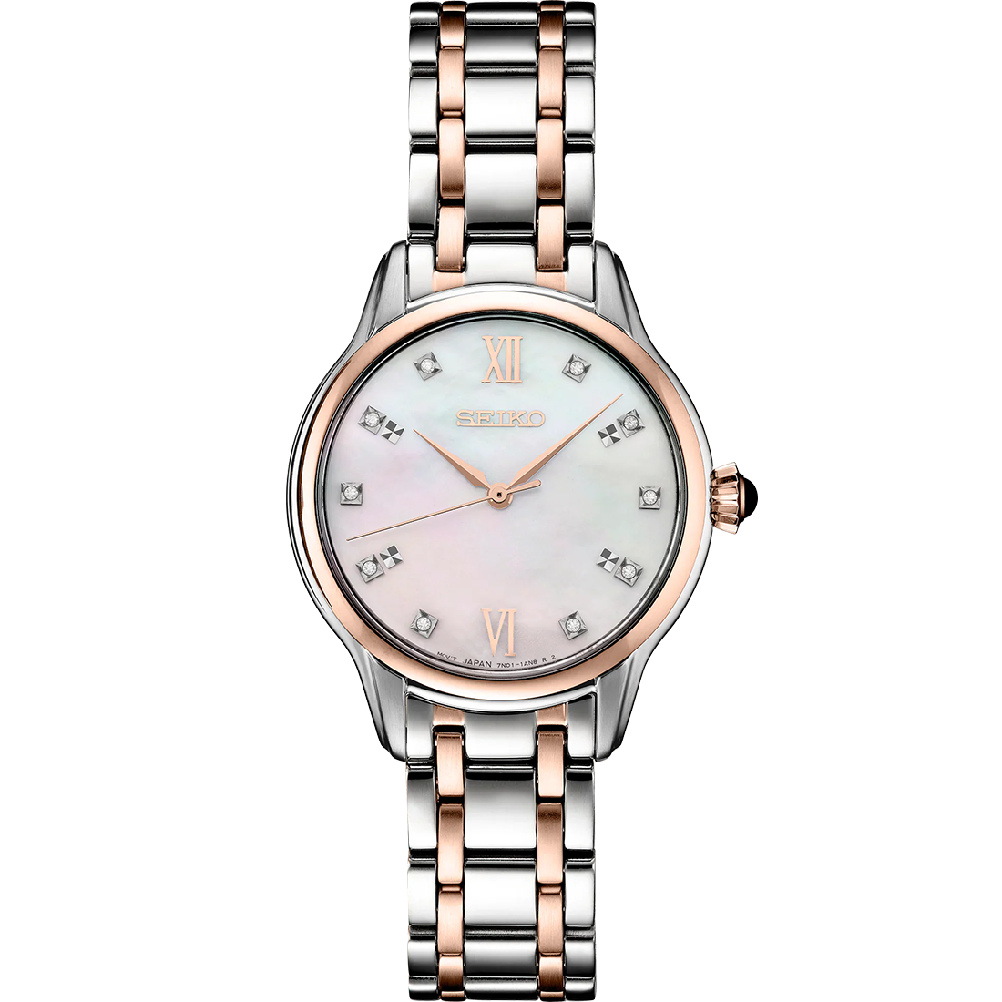 A two-tone rose-gold stainless steel SEIKO watch with a mother-of-pearl dial set with diamonds, a sapphire crystal, and a rose-gold bracelet.