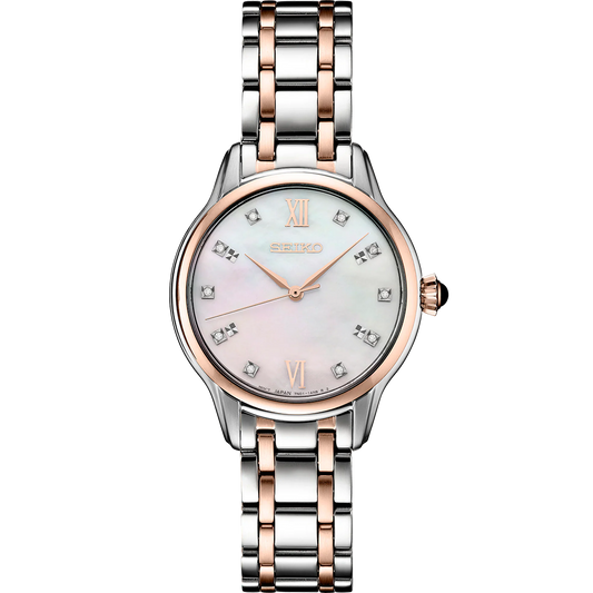 A two-tone rose-gold stainless steel SEIKO watch with a mother-of-pearl dial set with diamonds, a sapphire crystal, and a rose-gold bracelet.