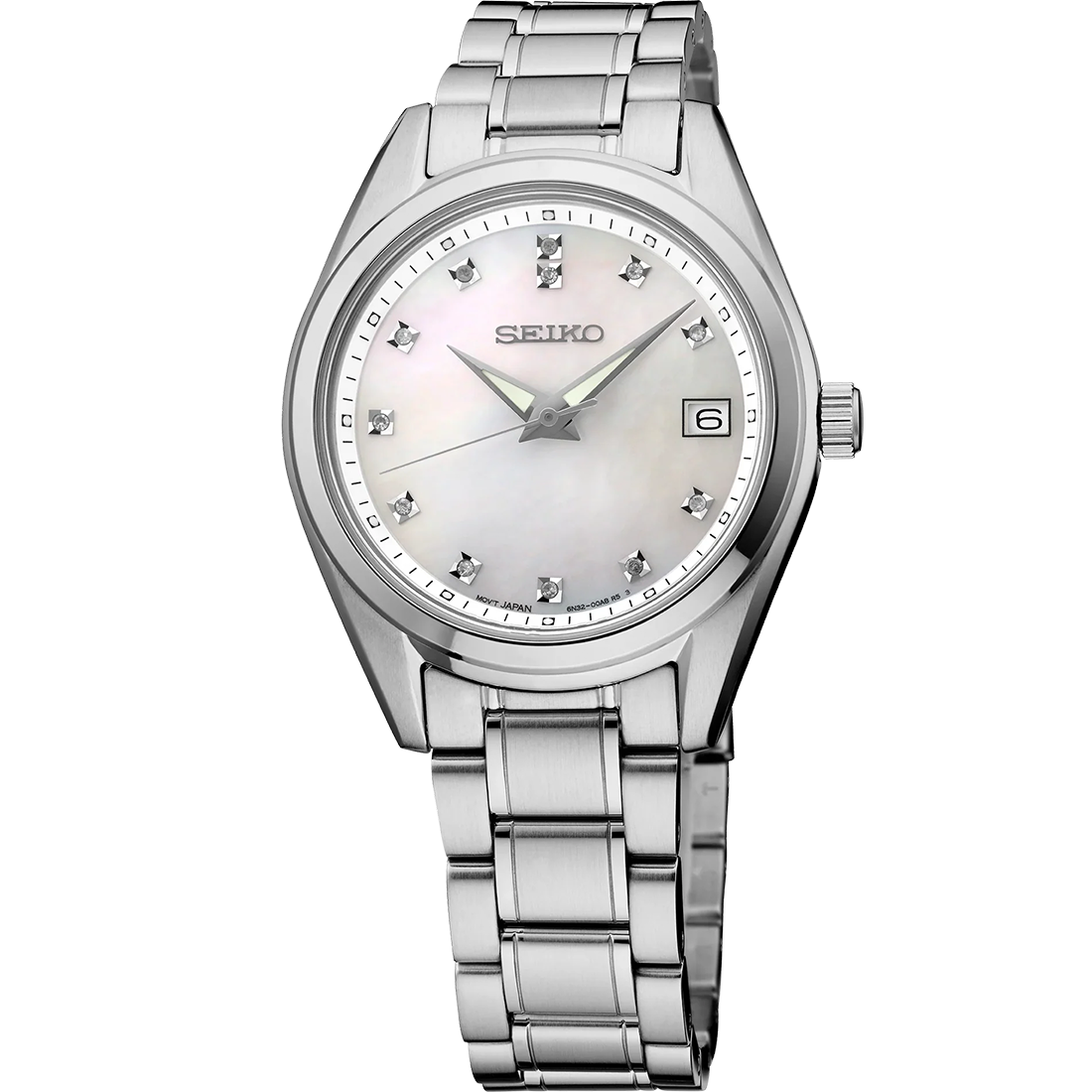A SEIKO branded analog watch with a white mother-of-pearl dial, adorned with 12 diamonds, and a stainless steel bracelet.