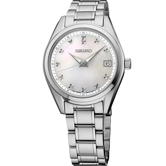 A SEIKO branded analog watch with a white mother-of-pearl dial, adorned with 12 diamonds, and a stainless steel bracelet.