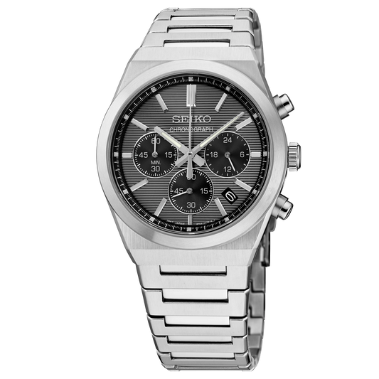 Seiko Essentials SSB455 - 40mm Stainless Steel Chronograph, Gray Dial with Three Subdials, 100m Water Resistance, Quartz Movement