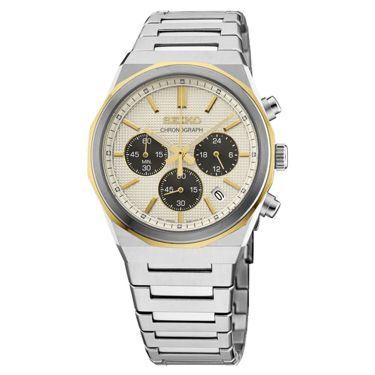 Seiko Essentials HGK001 quartz chronograph watch with 40mm stainless steel case, sapphire crystal, LumiBrite hands and indexes, 60-minute chronograph, date display, Caliber 8T63 movement, and 10 bar water resistance.