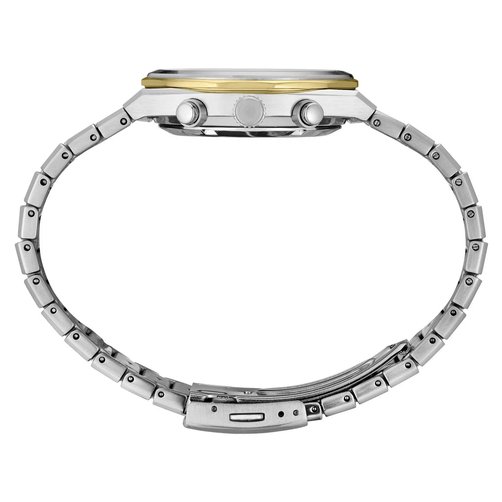 The back view of a silver stainless steel watch with a two-tone silver and gold bezel, featuring two pushers and a date window, on a white background.