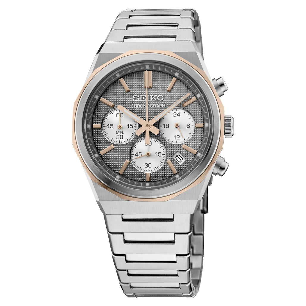 Seiko Essentials HGK002 quartz chronograph watch with 40mm case, sapphire crystal, LumiBrite hands and indexes, 60-minute chronograph, date display, Caliber 8T63 movement, and 10 bar water resistance.