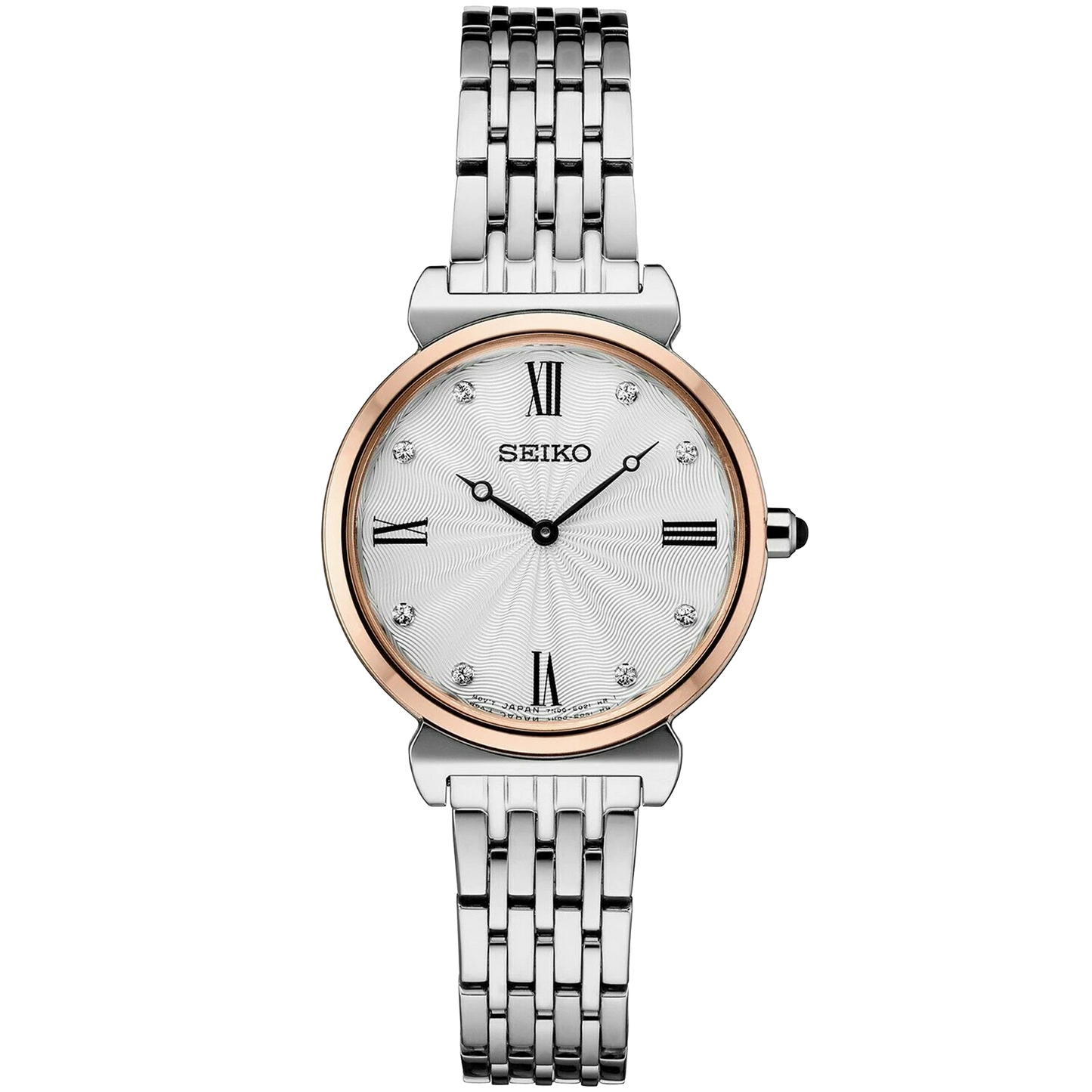 Seiko watch with silver and rose gold band on white background