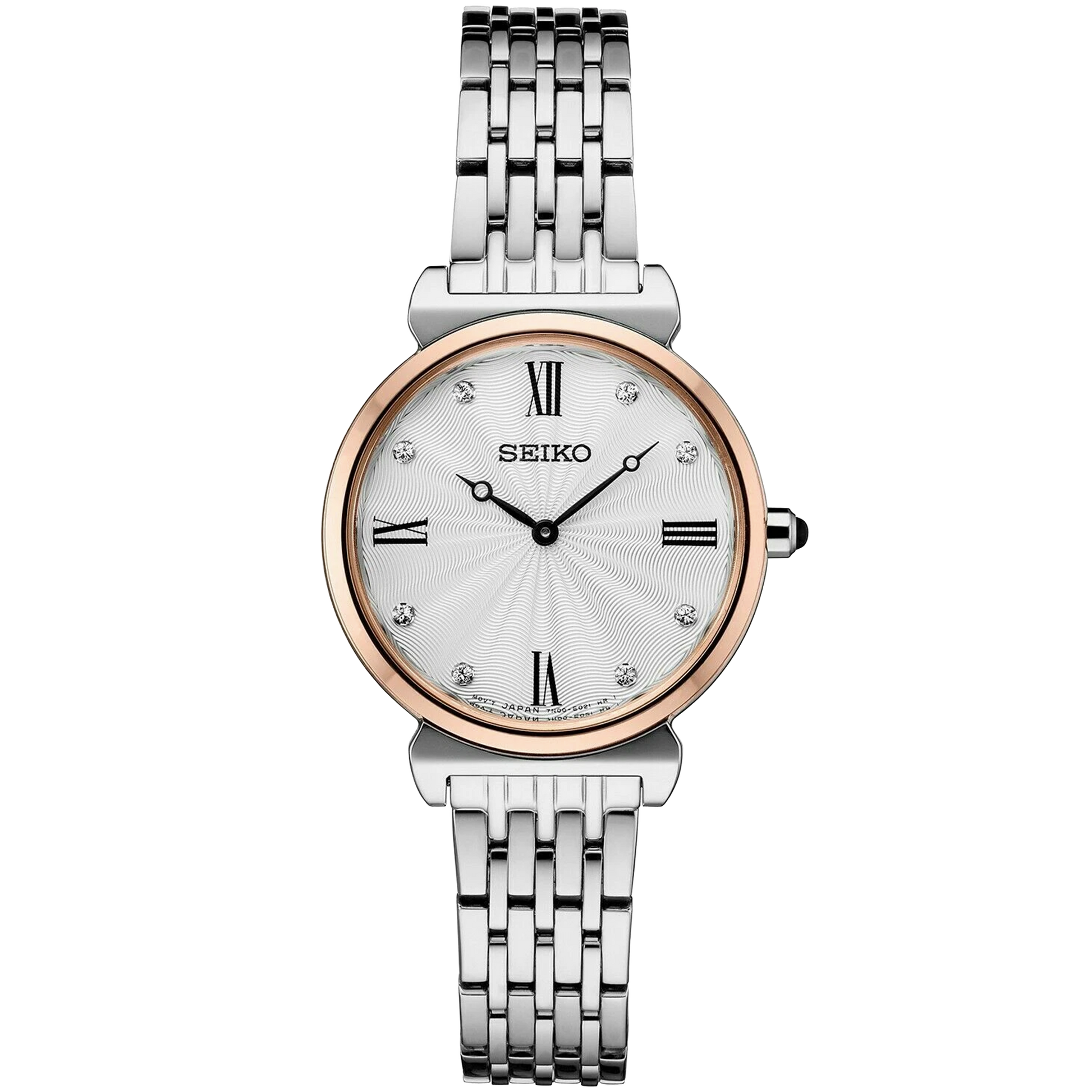 Seiko watch with silver and rose gold band on white background