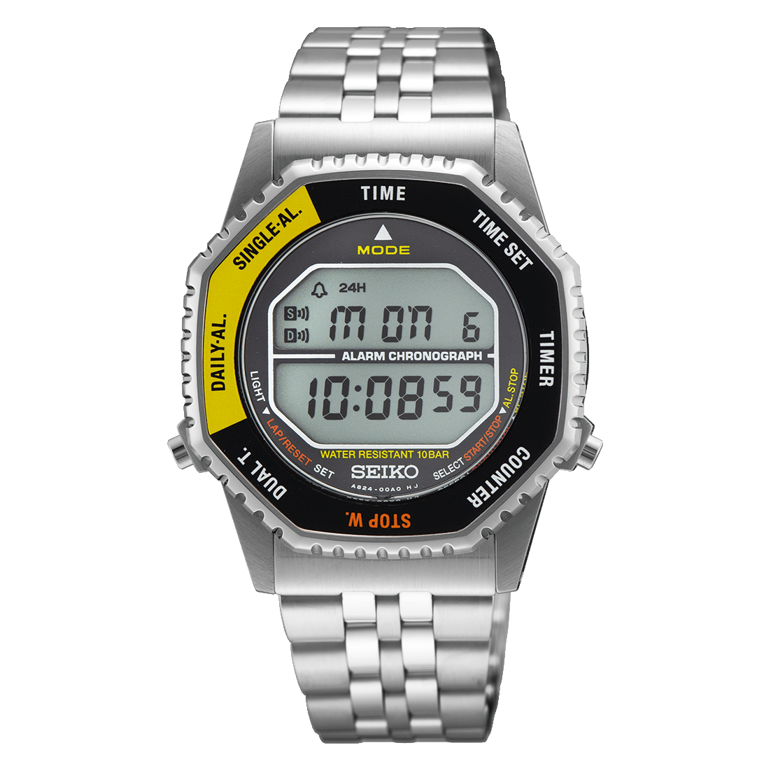 Seiko SMGG17 Rotocall-inspired digital quartz watch with octagonal rotating bezel, stainless steel case and bracelet, retro digital display, and 37mm case.