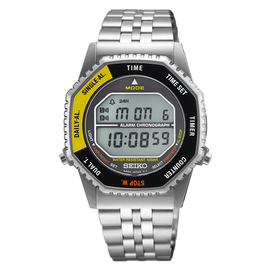 Seiko SMGG17 Rotocall-inspired digital quartz watch with octagonal rotating bezel, stainless steel case and bracelet, retro digital display, and 37mm case.