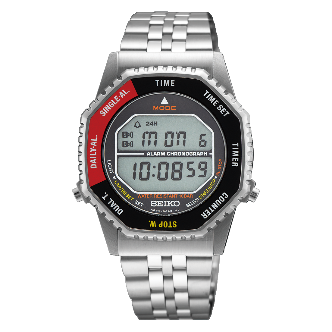 Seiko SMGG19 digital Rotocall-inspired quartz watch with octagonal rotating bezel, stainless steel case and bracelet, LCD display with retro-style font, and 37mm case.