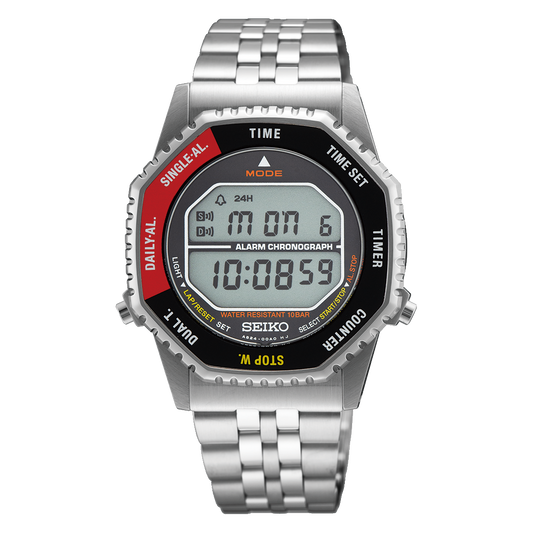 Seiko SMGG19 digital Rotocall-inspired quartz watch with octagonal rotating bezel, stainless steel case and bracelet, LCD display with retro-style font, and 37mm case.