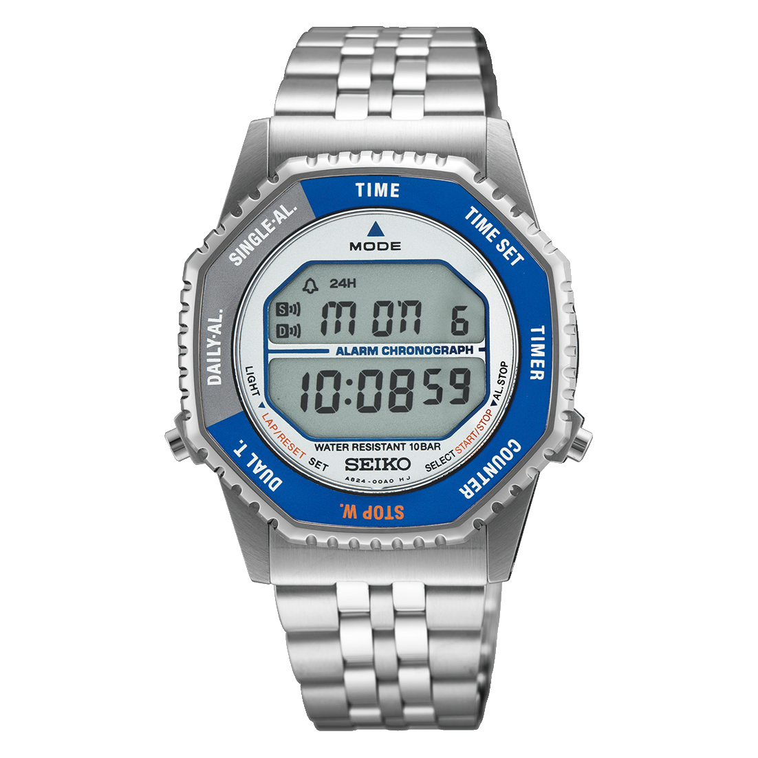 Seiko SMGG21 digital Rotocall-inspired quartz watch with octagonal rotating bezel, blue bezel accents, stainless steel case and bracelet, LCD display, and 37mm case.