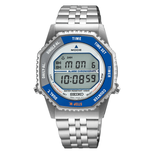 Seiko SMGG21 digital Rotocall-inspired quartz watch with octagonal rotating bezel, blue bezel accents, stainless steel case and bracelet, LCD display, and 37mm case.