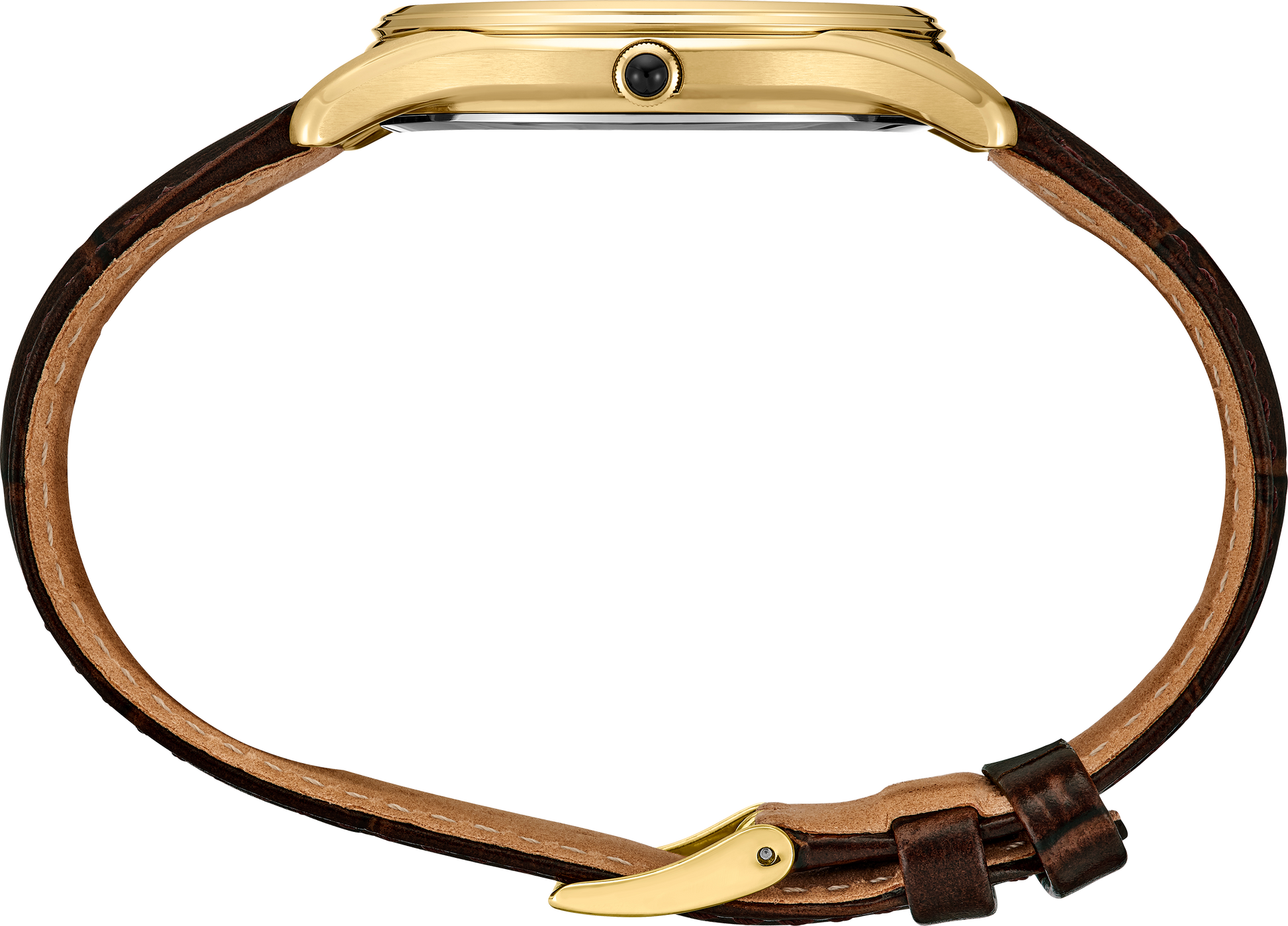 Seiko SRK050 – classic gold-tone dress watch with white Roman numeral dial, seconds subdial, cabochon crown, and brown leather strap; refined elegance from the Essentials Collection.