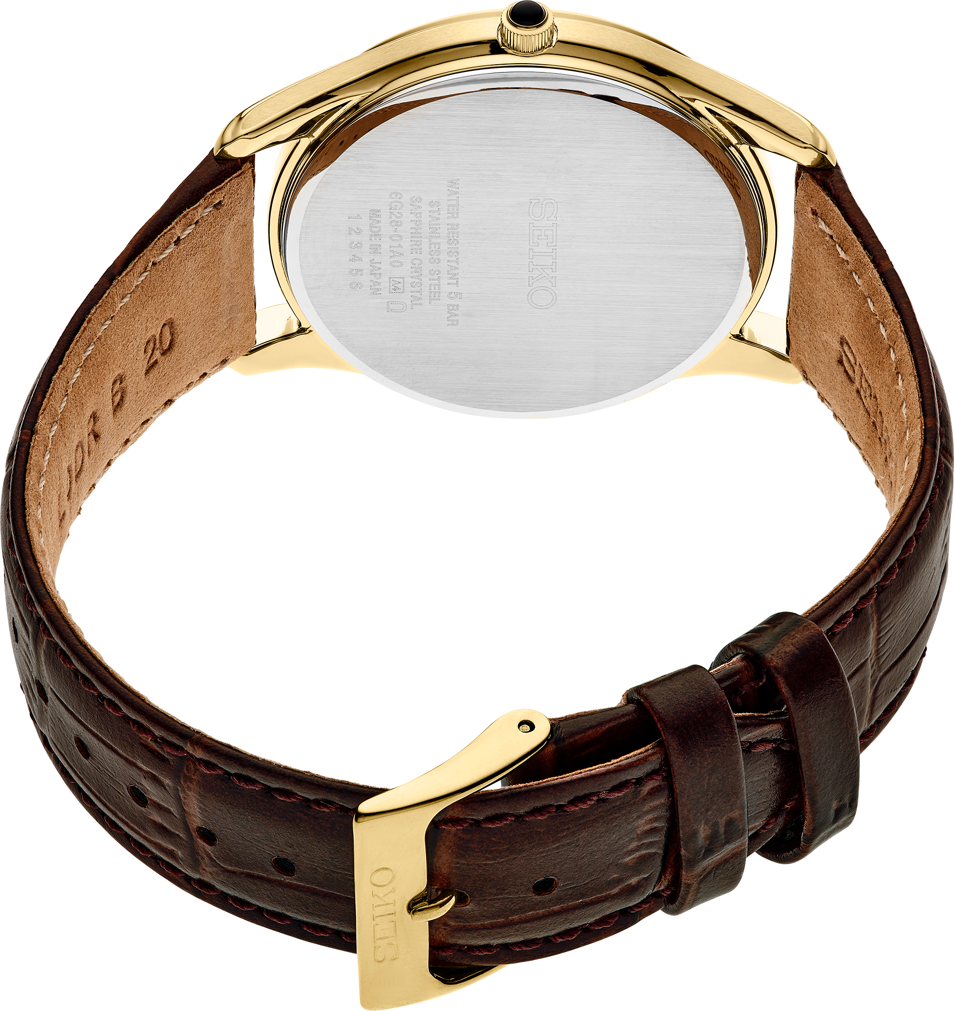 Seiko SRK050 – classic gold-tone dress watch with white Roman numeral dial, seconds subdial, cabochon crown, and brown leather strap; refined elegance from the Essentials Collection.