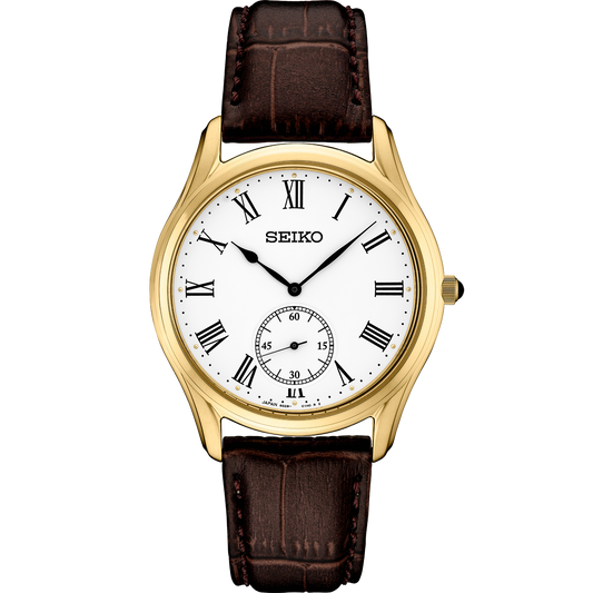 Seiko watch with gold case and brown leather strap on a white background