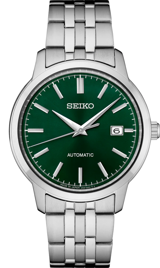 Seiko Essentials SRPH89 automatic watch with dark green sunray dial, stainless steel case and bracelet, date display, see-through caseback, and 100m water resistance.