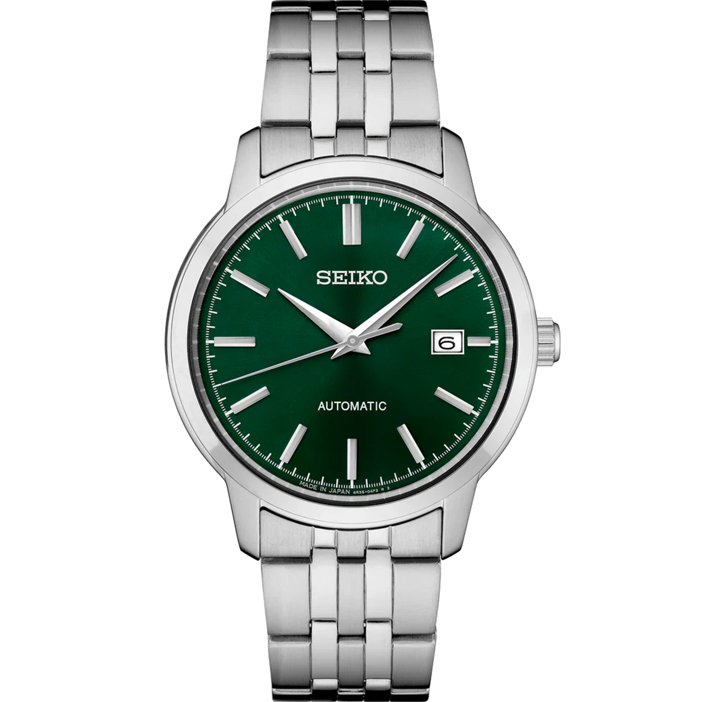 Seiko Essentials SRPH89 automatic watch with dark green sunray dial, stainless steel case and bracelet, date display, see-through caseback, and 100m water resistance.
