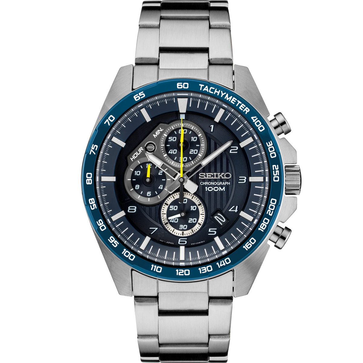 SEIKO SSB321 Quartz Chronograph watch with blue patterned dial, blue tachymeter bezel, yellow accents, stainless steel bracelet, and three subdials.