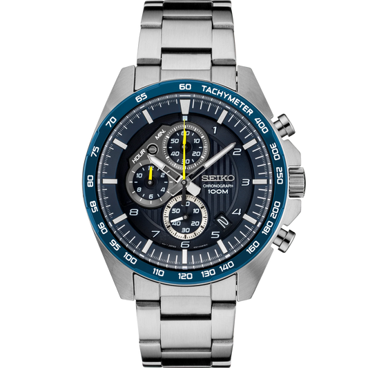 SEIKO SSB321 Quartz Chronograph watch with blue patterned dial, blue tachymeter bezel, yellow accents, stainless steel bracelet, and three subdials.