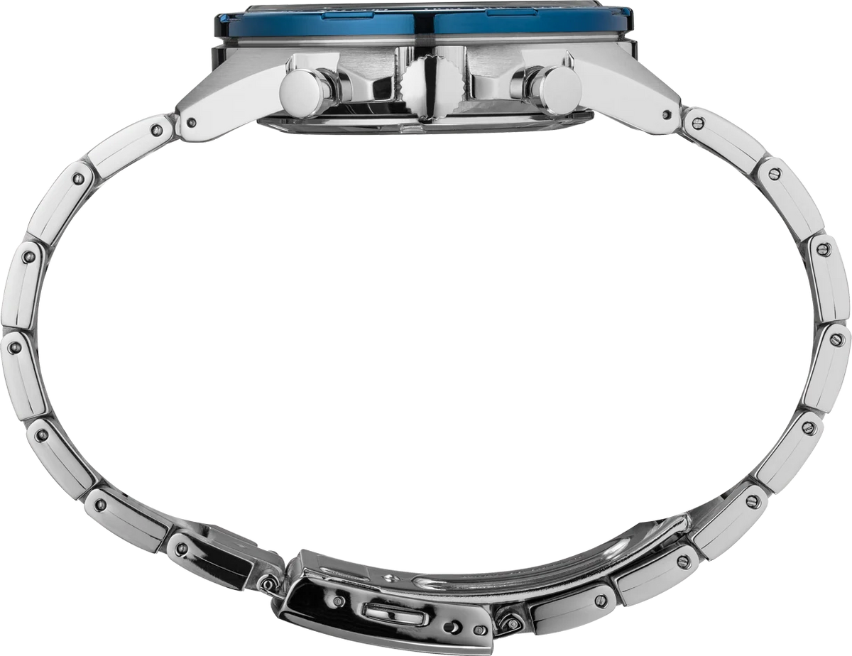 SEIKO SSB321 side view showing stainless steel case, blue tachymeter bezel, chronograph pushers, crown, and stainless steel bracelet.