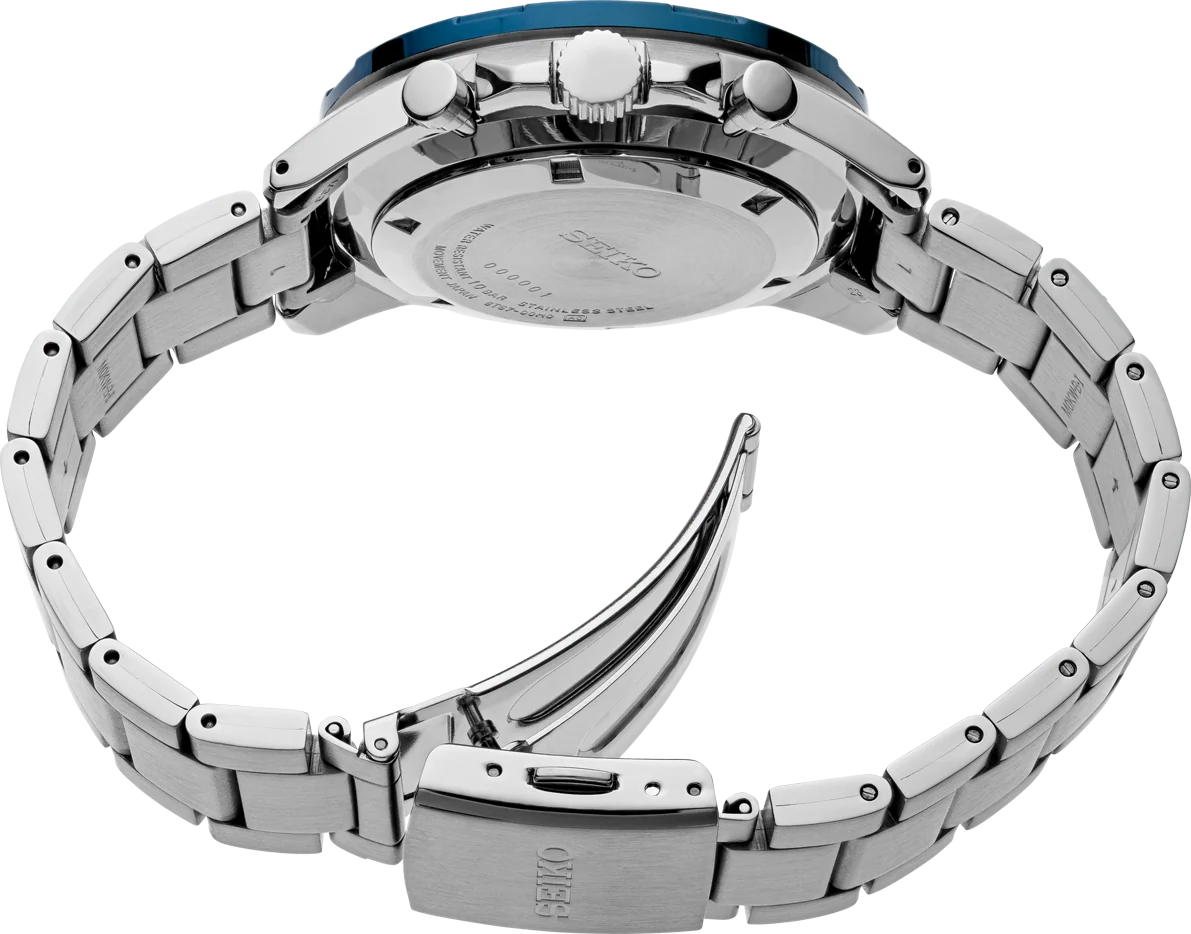 SEIKO SSB321 back and clasp view with stainless steel bracelet, fold-over clasp, screwdown caseback, and polished chronograph case.