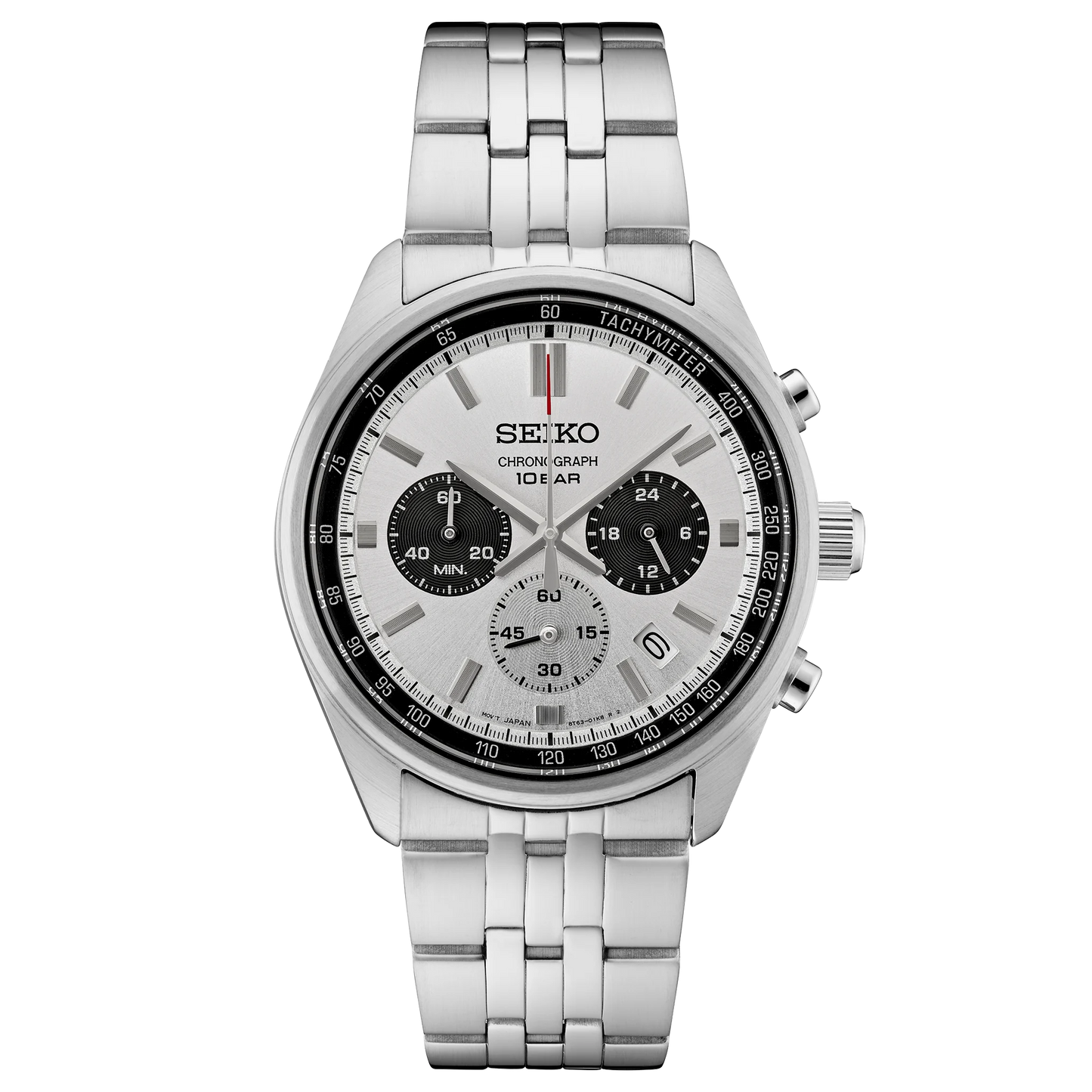 Seiko watch with silver metal strap on a white background
