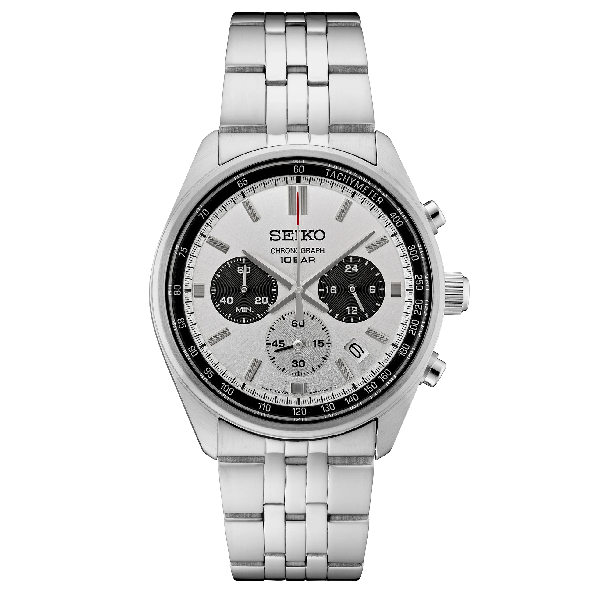 Seiko watch with silver metal strap on a white background