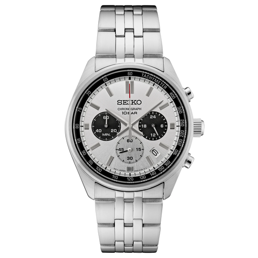 Seiko watch with silver metal strap on a white background