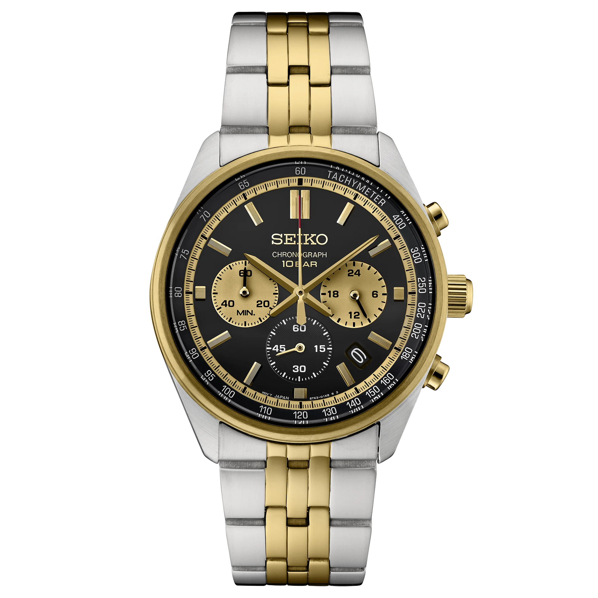 Seiko watch with two-tone metal strap on a white background