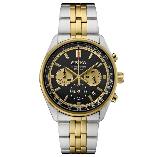 Seiko watch with two-tone metal strap on a white background