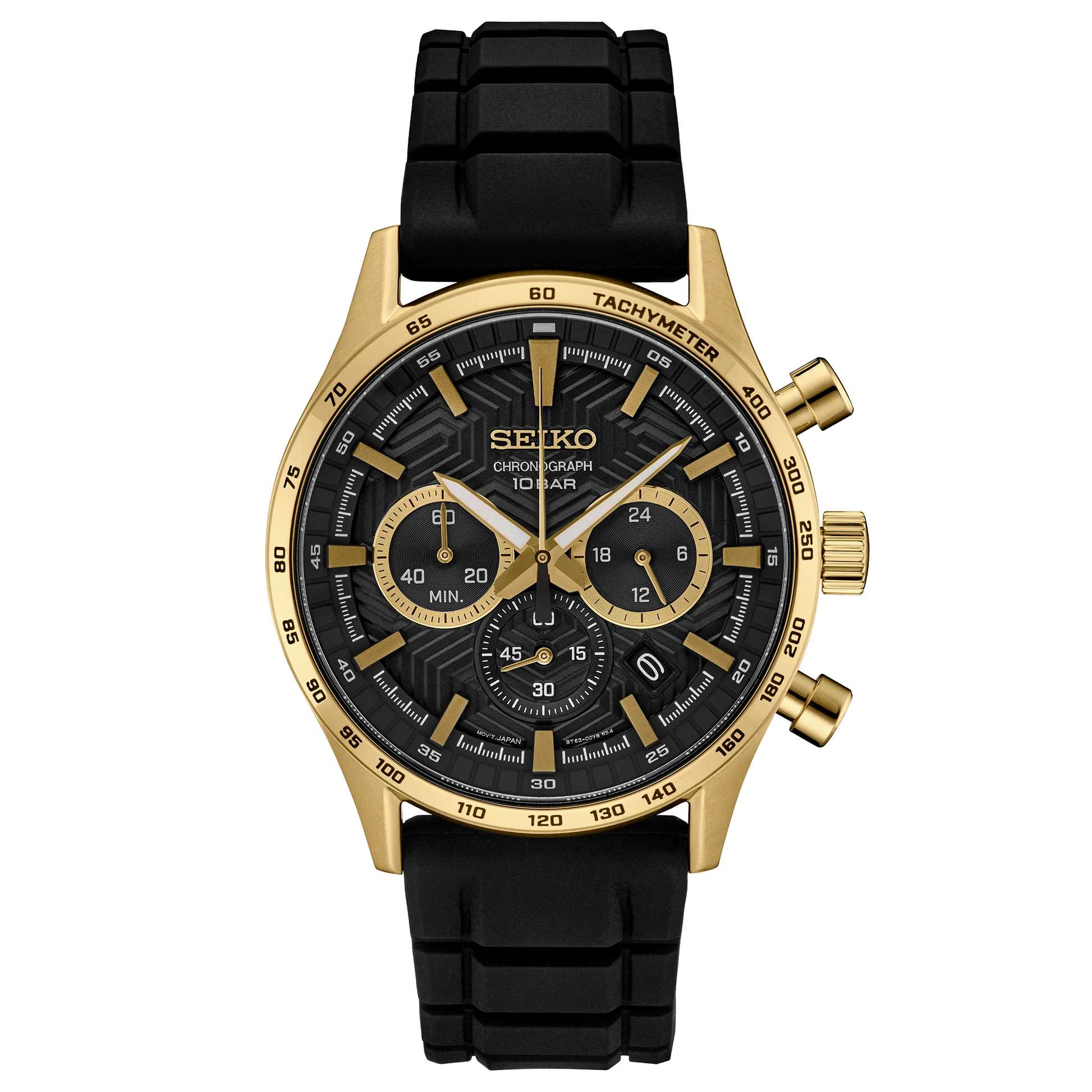 Seiko watch with black and gold design on a white background