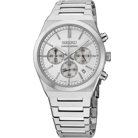 Seiko Essentials SSB451 - 40mm Stainless Steel Chronograph, Silver Dial with Three Subdials, 100m Water Resistance, Quartz Movement