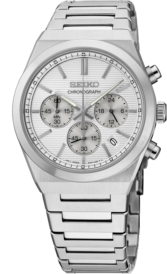 Seiko Essentials SSB451 - 40mm Stainless Steel Chronograph, Silver Dial with Three Subdials, 100m Water Resistance, Quartz Movement