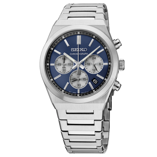 Seiko Essentials SSB453 - 40mm Stainless Steel Chronograph, Blue Dial with Three Subdials, 100m Water Resistance, Quartz Movement