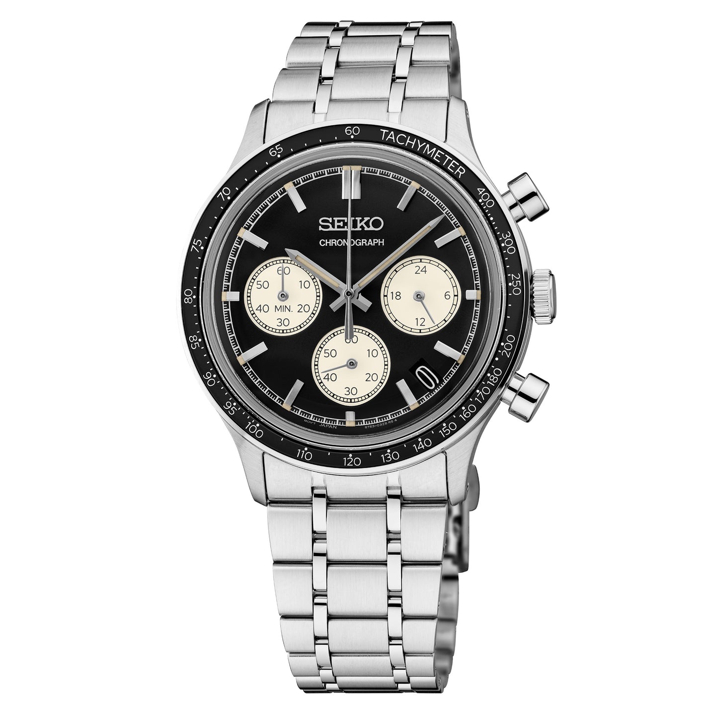 Seiko SSB479 Essentials – black dial quartz chronograph with off-white subdials, vintage-style box Hardlex crystal, black tachymeter bezel, stainless steel bracelet, and 50m water resistance.