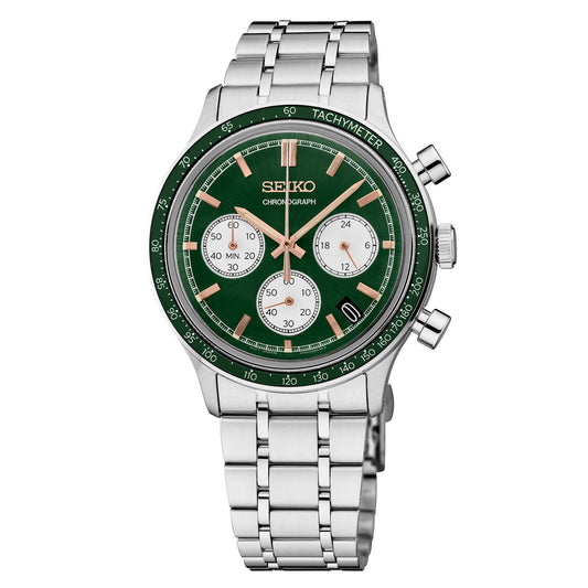 Seiko SSB481 Essentials – green dial quartz chronograph with rose gold accents, vintage-style box Hardlex crystal, tachymeter bezel, stainless steel bracelet, and 50m water resistance.