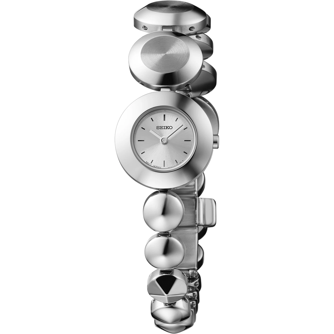 Seiko Essentials Power Design Project Limited Edition SSEH021 quartz watch with silver sunray dial, minimalist monochromatic design, and asymmetric jewelry-inspired stainless steel bracelet, limited to 500 pieces.