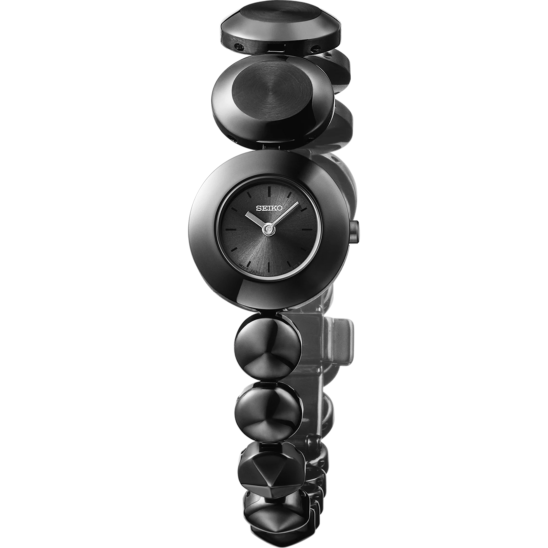 Seiko Essentials Power Design Project Limited Edition SSEH023 quartz watch with black monochromatic dial, black hard-coated stainless steel case, and asymmetric jewelry-inspired bracelet, limited to 500 pieces.