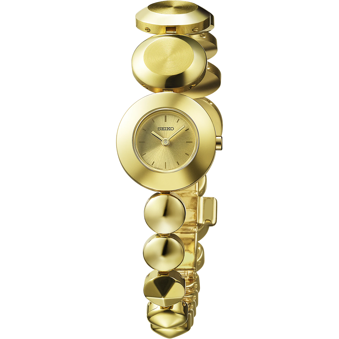 Seiko Essentials Power Design Project Limited Edition SSEH024 quartz watch with gold sunray dial, gold-tone stainless steel case, and asymmetric jewelry-inspired bracelet, limited to 500 pieces.