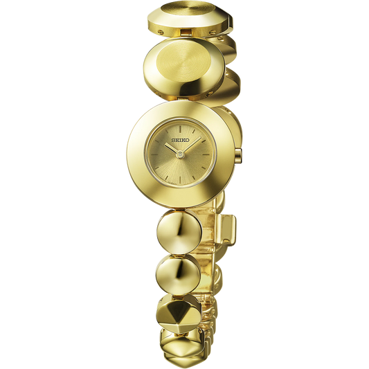 Seiko Essentials Power Design Project Limited Edition SSEH024 quartz watch with gold sunray dial, gold-tone stainless steel case, and asymmetric jewelry-inspired bracelet, limited to 500 pieces.
