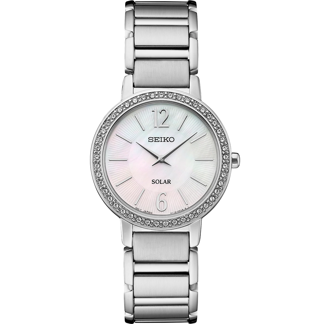 Seiko SUP467 Essentials Solar women’s watch with mother-of-pearl dial, 45-crystal bezel, silver Arabic numerals, and stainless steel bracelet.