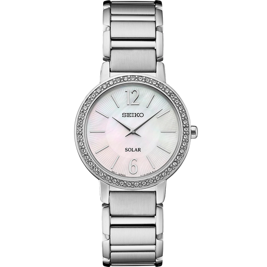 Seiko SUP467 Essentials Solar women’s watch with mother-of-pearl dial, 45-crystal bezel, silver Arabic numerals, and stainless steel bracelet.