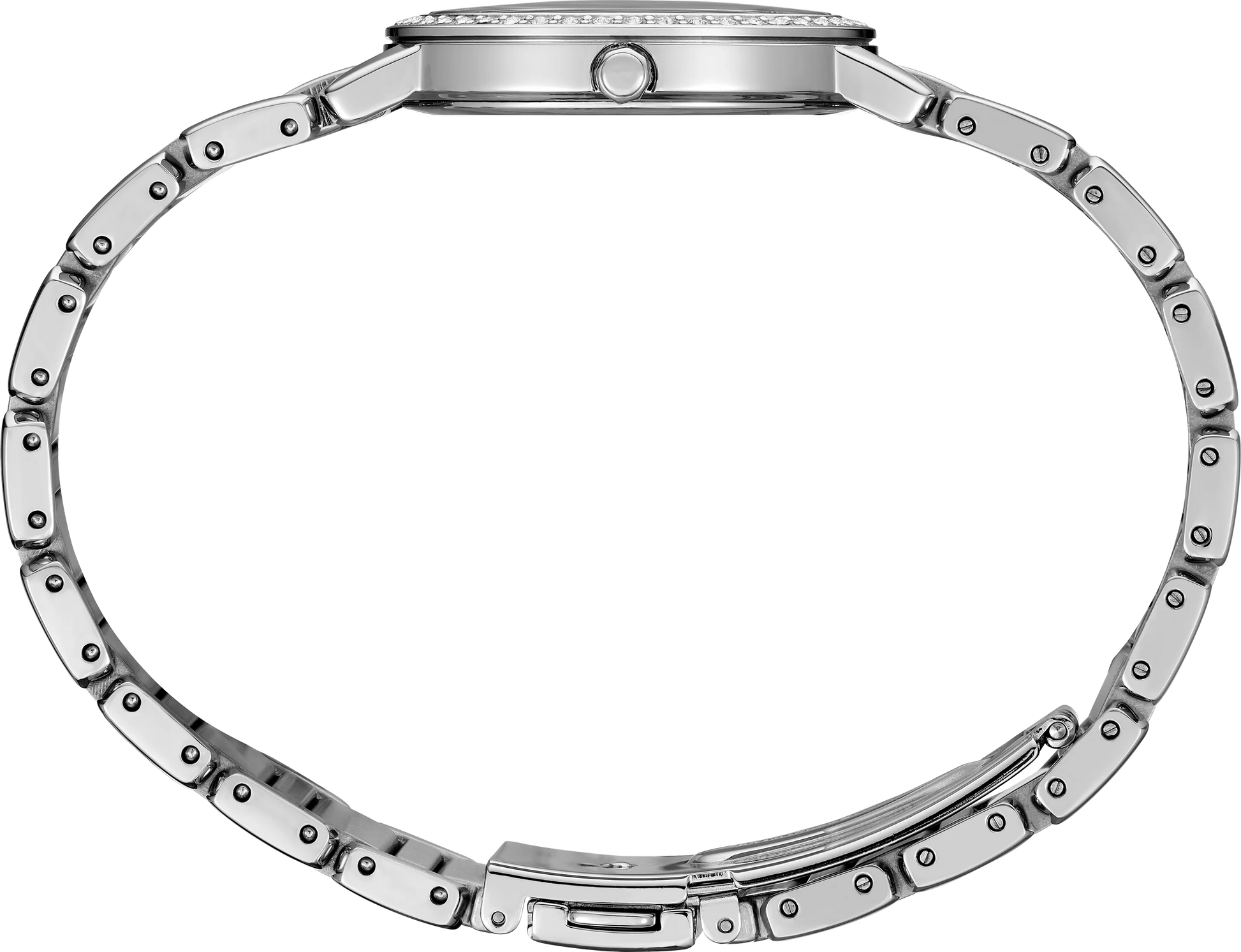 Close-up of a silver watch band on a white background