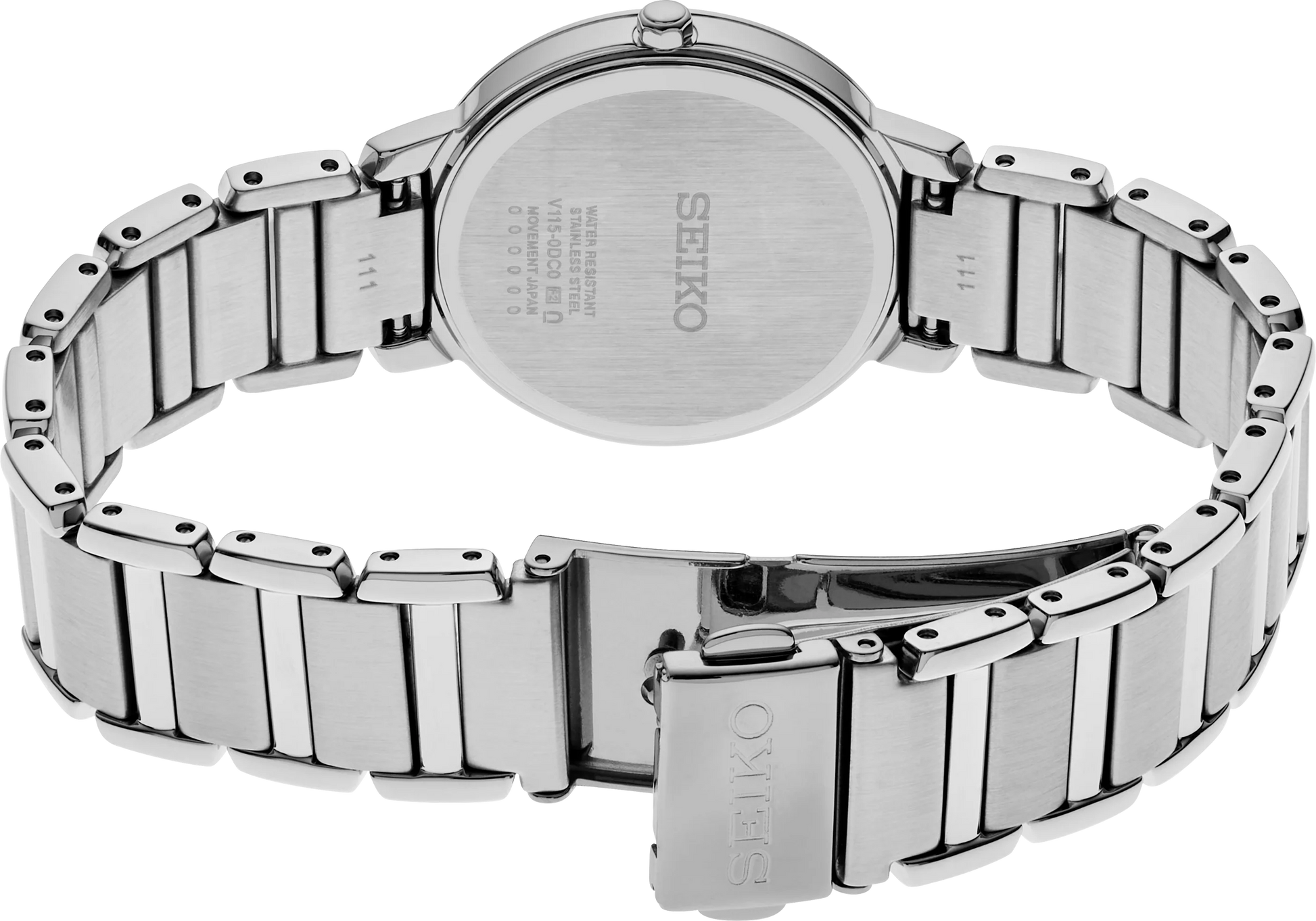 Silver Seiko watch with metal bracelet on a white background
