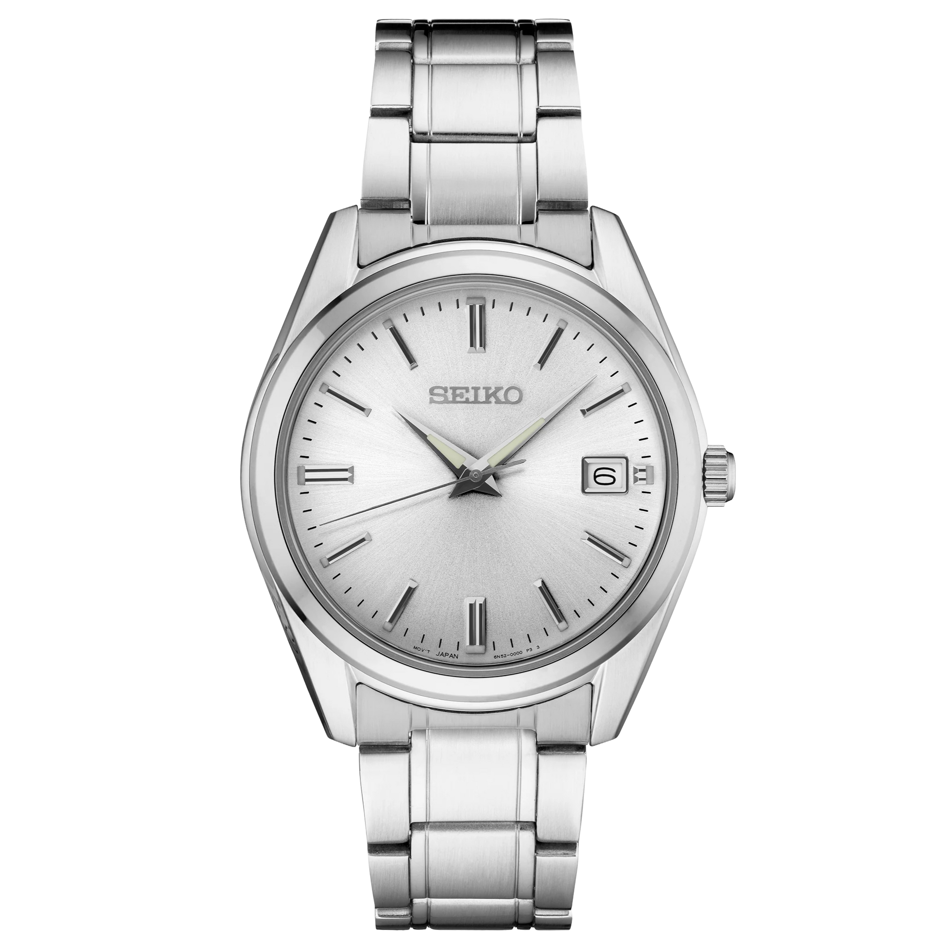 Silver Seiko watch with a white face on a white background