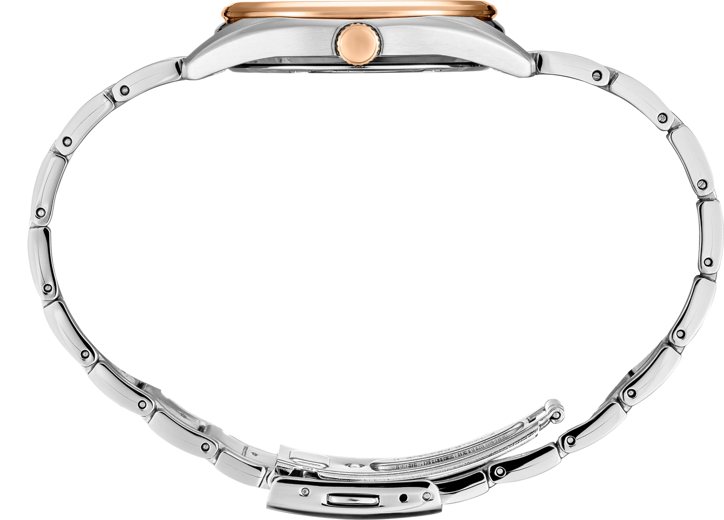 Close-up of a silver watch with rose gold accents on a white background